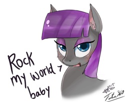 Size: 472x386 | Tagged: safe, artist:mrscurlystyles, artist:tsitra360, maud pie, earth pony, pony, g4, cheek fluff, cute, dialogue, ear fluff, female, mare, pun, rock, smiling, solo, that pony sure does love rocks, when she smiles