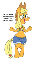 Size: 1141x1809 | Tagged: safe, artist:hunterxcolleen, applejack, earth pony, pony, g4, bikini top, bipedal, clothes, embarrassed, shorts, smiling, swimsuit, talking, we don't normally wear clothes