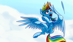 Size: 2557x1496 | Tagged: safe, artist:nadnerbd, rainbow dash, g4, cloud, cloudy, dock, female, flying, looking up, open mouth, reaction, sky, solo, surprised, underhoof, what the hay?