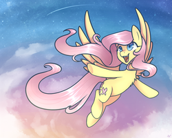 Size: 1280x1024 | Tagged: safe, artist:hawthornss, fluttershy, g4, chest fluff, cloud, cloudy, fangs, female, flying, happy, shooting star, sky, solo