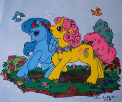Size: 750x624 | Tagged: safe, artist:lilsugarberry, blueberry baskets, red roses, bird, pegasus, pony, unicorn, g1, animation cel, duo, female, flower, mare, signature, traditional art