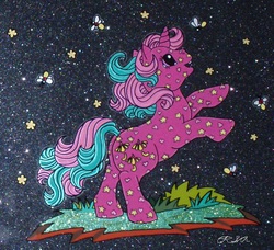 Size: 893x813 | Tagged: safe, artist:lilsugarberry, dazzleglow, earth pony, firefly (insect), pony, unicorn, g1, my little pony tales, animation cel, bipedal, female, glow 'n show ponies, night, solo