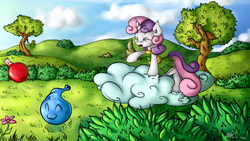 Size: 3840x2160 | Tagged: safe, artist:neko-me, sweetie belle, apple bloomers, g4, :3, clothes, cloud, cloudy, eyes closed, high res, open mouth, potion, slime, throwing