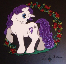 Size: 999x973 | Tagged: safe, artist:lilsugarberry, glory, pony, unicorn, g1, animation cel, female, flower, mare, raised hoof, rose, signature, smiling, solo, standing, wreath