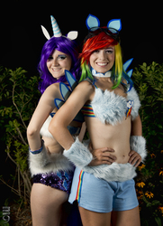 Size: 868x1200 | Tagged: safe, artist:cosplayhazard, rainbow dash, rarity, human, g4, belly button, clothes, cosplay, irl, irl human, midriff, otakon, photo, shorts