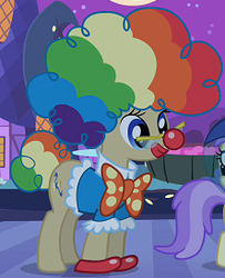 Size: 222x274 | Tagged: safe, screencap, alula, mayor mare, pluto, earth pony, pony, g4, luna eclipsed, bowtie, clothes, clown, clown nose, costume, cropped, female, mare, rainbow wig, red nose, solo focus