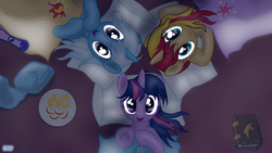 Size: 3000x1687 | Tagged: safe, artist:darkwolfmx, sunset shimmer, trixie, twilight sparkle, alicorn, pony, unicorn, g4, apple, bag, blanket, book, counterparts, cute, female, looking at you, magical trio, mare, orange, pillow, plate, saddle bag, sleepover, trio, trio female, twilight sparkle (alicorn), twilight's counterparts, vector