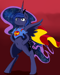 Size: 1608x2015 | Tagged: safe, artist:zev, princess luna, pony, g4, belly button, bipedal, female, solo, superman