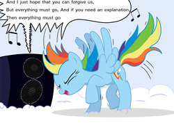 Size: 1000x707 | Tagged: safe, artist:bcrich40, edit, rainbow dash, g4, cloud, everything must go, headbang, lyrics, manic street preachers, music notes, speaker