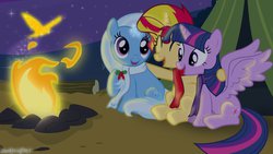 Size: 1191x670 | Tagged: safe, artist:darkwolfmx, sunset shimmer, trixie, twilight sparkle, alicorn, pony, unicorn, g4, camp, campfire, clothes, counterparts, eyes closed, female, looking at each other, magical quartet, magical trio, mare, night, scarf, sitting, trio, trio female, twilight sparkle (alicorn), twilight's counterparts