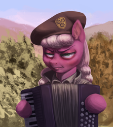 Size: 2362x2653 | Tagged: safe, artist:mav, cheerilee, earth pony, pony, g4, accordion, clothes, dat face soldier, female, frown, glare, hat, high res, meme, musical instrument, portrait, remove kebab, serbia, serbia strong, sky, solo, unamused