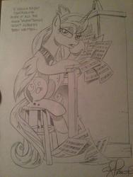 Size: 600x800 | Tagged: safe, artist:andy price, princess luna, g4, annoyed, composing, female, frown, looking at you, monochrome, musical instrument, piano, sheet music, sitting, solo, stool, traditional art