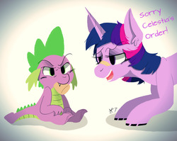 Size: 1280x1018 | Tagged: safe, artist:wirelesspony, spike, twilight sparkle, dragon, pony, daily life of spike, g4, abstract background, ask, cork, duo, ear fluff, female, illuminati, male, mare, open mouth, subliminal message, tumblr