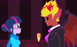 Size: 3640x2240 | Tagged: dead source, source needed, safe, artist:jaquelindreamz, sunset shimmer, twilight sparkle, equestria girls, g4, crossover, equestria guys, half r63 shipping, high res, lewis, mystery skulls, parody, rule 63, ship:twiglare, shipping, sunset glare, sunset lucifer, sunset satan, twilight sparkle (alicorn), vivi