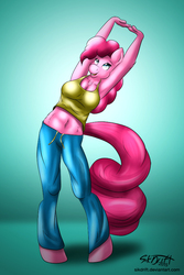 Size: 667x1000 | Tagged: safe, artist:sikdrift, pinkie pie, earth pony, anthro, g4, armpits, belly button, breasts, busty pinkie pie, clothes, female, midriff, solo, stretching, tank top