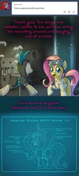 Size: 640x1410 | Tagged: safe, artist:giantmosquito, fluttershy, pegasus, pony, ask-dr-adorable, g4, ask, blueprint, bunny ears, clothes, costume, dangerous mission outfit, dr adorable, female, goggles, hoodie, jacob, laboratory, mare, open mouth, smiling, solo, tumblr