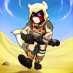 Size: 2000x2000 | Tagged: safe, artist:vimhomeless, oc, oc only, oc:florid, anthro, desert, destiny (video game), gun, high res, red and black oc, solo