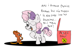 Size: 2391x1694 | Tagged: safe, artist:oddbelle, sweetie belle, mouse, g4, blatant lies, dialogue, it's a trap