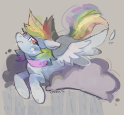 Size: 1221x1131 | Tagged: safe, artist:cherivinca, rainbow dash, g4, cloud, crying, female, rain, sad, simple background, solo, spiky mane, spread wings, wavy mouth