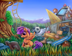 Size: 1600x1236 | Tagged: safe, artist:viwrastupr, angel bunny, scootaloo, pegasus, pony, g4, ? block, abacus, apple, blank flank, book, female, filly, foal, football, money, open mouth, sitting, solo, spread wings, super mario bros., tree, wings