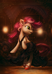 Size: 935x1320 | Tagged: safe, artist:assasinmonkey, roseluck, earth pony, pony, g4, beautiful, clothes, dancing, dress, female, mare, shoes, solo, spotlight