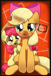 Size: 900x1350 | Tagged: safe, artist:hoyeechun, apple bloom, applejack, earth pony, pony, g4, ..., accessory swap, blushing, cute, duo, female, jackabetes, siblings, sisters