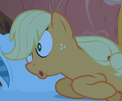 Size: 690x572 | Tagged: safe, screencap, applejack, earth pony, pony, g4, look before you sleep, bed, cropped, female, golden oaks library, mare, out of context, silly, silly pony, solo, wat