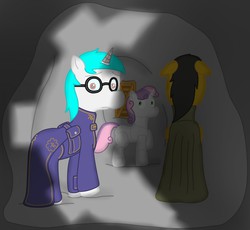 Size: 1280x1176 | Tagged: safe, artist:minty candy, sweetie belle, oc, oc:minty candy, oc:twintails, cyborg, pegasus, pony, robot, robot pony, unicorn, fallout equestria, fallout equestria: occupational hazards, g4, clothes, door, glasses, tunnel, underground, vault 76