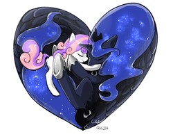 Size: 1000x800 | Tagged: safe, artist:quizia, princess luna, sweetie belle, pony, for whom the sweetie belle toils, g4, heart, holding a pony, hug, scene interpretation
