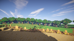 Size: 854x480 | Tagged: safe, g4, apple orchard, apple tree, brohoof.com, cloud, cloudy, fence, game screencap, hay bale, minecraft, no pony, render, sweet apple acres, tree, zap apple tree