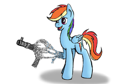 Size: 3000x2000 | Tagged: safe, artist:paintmech-paints, rainbow dash, pegasus, pony, g4, behaving like a weapon, gun, high res, inanimate tf, mid-transformation, rainbow dash turning into an assault rifle, simple background, transformation, transformers, transformers age of extinction, transformium, white background