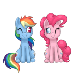 Size: 500x500 | Tagged: safe, artist:breadcipher, pinkie pie, rainbow dash, g4, c:, colored pupils, cute, duo, eye contact, one eye closed, simple background, sitting, smiling, transparent background, wink