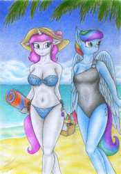 Size: 2446x3494 | Tagged: safe, artist:sinaherib, oc, oc only, oc:amber earring, oc:rainfall, anthro, anthro oc, beach, belly button, bikini, clothes, duo, high res, offspring, one-piece swimsuit, parent:fancypants, parent:rainbow dash, parent:rarity, parent:soarin', parents:raripants, parents:soarindash, swimsuit, traditional art