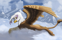 Size: 1280x837 | Tagged: safe, artist:lucky dragoness, gilda, griffon, g4, cloud, cloudy, female, looking at you, mountain, prone, solo, spread wings