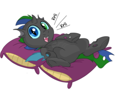 Size: 1024x745 | Tagged: safe, artist:itstaylor-made, oc, oc only, oc:izzy the changeling, changeling, belly, blue changeling, cute, cute bug noises, cuteling, double colored changeling, fangs, green changeling, heterochromia, imminent belly rub, looking at you, male, on back, open mouth, pillow, simple background, smiling, solo, transparent background, underhoof
