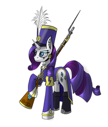 Size: 1150x1350 | Tagged: safe, artist:cromachy, rarity, pony, unicorn, g4, ancient wonderbolts uniform, bayonet, boots, clothes, female, gun, hat, mare, rifle, sgt. rarity, shako, shoes, simple background, solo, uniform, weapon, white background