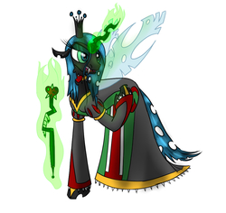 Size: 899x850 | Tagged: safe, artist:cromachy, queen chrysalis, changeling, changeling queen, g4, alternate clothes, clothes, dress, female, scepter, solo