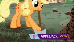 Size: 632x356 | Tagged: safe, screencap, applejack, earth pony, pony, castle sweet castle, g4, my little pony: friendship is magic, female, mare, shovel, solo