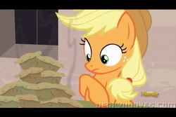 Size: 960x640 | Tagged: safe, screencap, applejack, pony, g4, my little pony: friendship is magic, season 5, the cutie map, applejack's hat, braid, cowboy hat, discovery family, discovery family logo, female, food, hat, letterboxing, logo, mare, muffin, solo