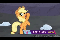 Size: 960x640 | Tagged: safe, screencap, applejack, earth pony, pony, g4, season 5, the cutie map, applejack's hat, braid, cowboy hat, discovery family, discovery family logo, female, hat, letterboxing, logo, mare, open mouth, solo
