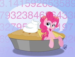 Size: 1290x975 | Tagged: dead source, safe, artist:spacechickennerd, pinkie pie, g4, female, literal, micro, pi, pi day, pie, pie flavor, pinkie pi, ponies in food, pun, solo, that pony sure does love pies, visual pun