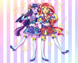 Size: 1415x1146 | Tagged: safe, artist:pimmy, sunset shimmer, twilight sparkle, equestria girls, g4, my little pony equestria girls: rainbow rocks, clothes, cosplay, cute, dress, duo, heart, microphone, miniskirt, no pupils, open mouth, pixiv, ponied up, pripara, singing, skirt, stars, stockings, thigh highs, thigh socks, twilight sparkle (alicorn)