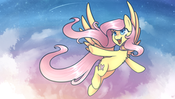 Size: 1920x1080 | Tagged: safe, artist:hawthornss, fluttershy, g4, cloud, cloudy, female, flying, happy, shooting star, sky, solo, wallpaper