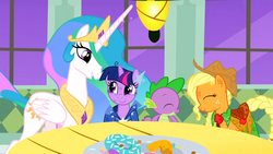 Size: 1366x768 | Tagged: safe, screencap, applejack, princess celestia, spike, twilight sparkle, g4, the best night ever