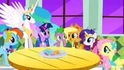 Size: 1366x768 | Tagged: safe, screencap, applejack, fluttershy, princess celestia, rainbow dash, rarity, spike, twilight sparkle, g4, the best night ever, donut, green eyes, table