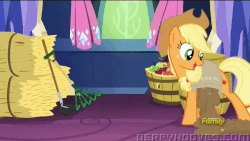 Size: 718x404 | Tagged: safe, edit, edited screencap, screencap, applejack, earth pony, pony, castle sweet castle, g4, season 5, animated, cute, dirt, earth pony magic, female, flower, looking back, mare, open mouth, singing, smiling, solo, talking, watermark