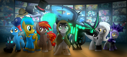 Size: 1024x459 | Tagged: safe, artist:drawponies, oc, oc:aria, oc:field promotion, oc:observer, oc:plushling, oc:valve gear, oc:vespid, oc:vigilant watch, bat pony, changeling, dragon, earth pony, pegasus, pony, unicorn, digital art, night guard, plushling, poster, wallpaper