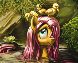 Size: 2000x1614 | Tagged: safe, artist:harwick, fluttershy, duck, pegasus, pony, g4, :p, bush, cute, duckling, female, hair over one eye, looking up, mare, nervous, old version, painting, pond, scenery, shyabetes, smiling, solo, spit, swimming, tongue out, update, water, wet mane