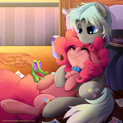 Size: 900x900 | Tagged: safe, artist:thenornonthego, gummy, pinkie pie, oc, oc:merry mint, g4, bed, bedroom, bedroom eyes, canon x oc, collar, cute, diapinkes, floppy ears, pet, shipping, snuggling