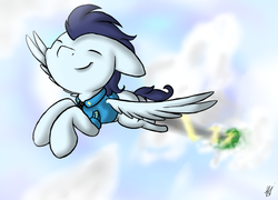 Size: 1000x720 | Tagged: safe, artist:sketchypencil326, soarin', pegasus, pony, g4, clothes, eyes closed, flying, happy, male, shirt, smiling, solo, speed trail, wonderbolts dress uniform
